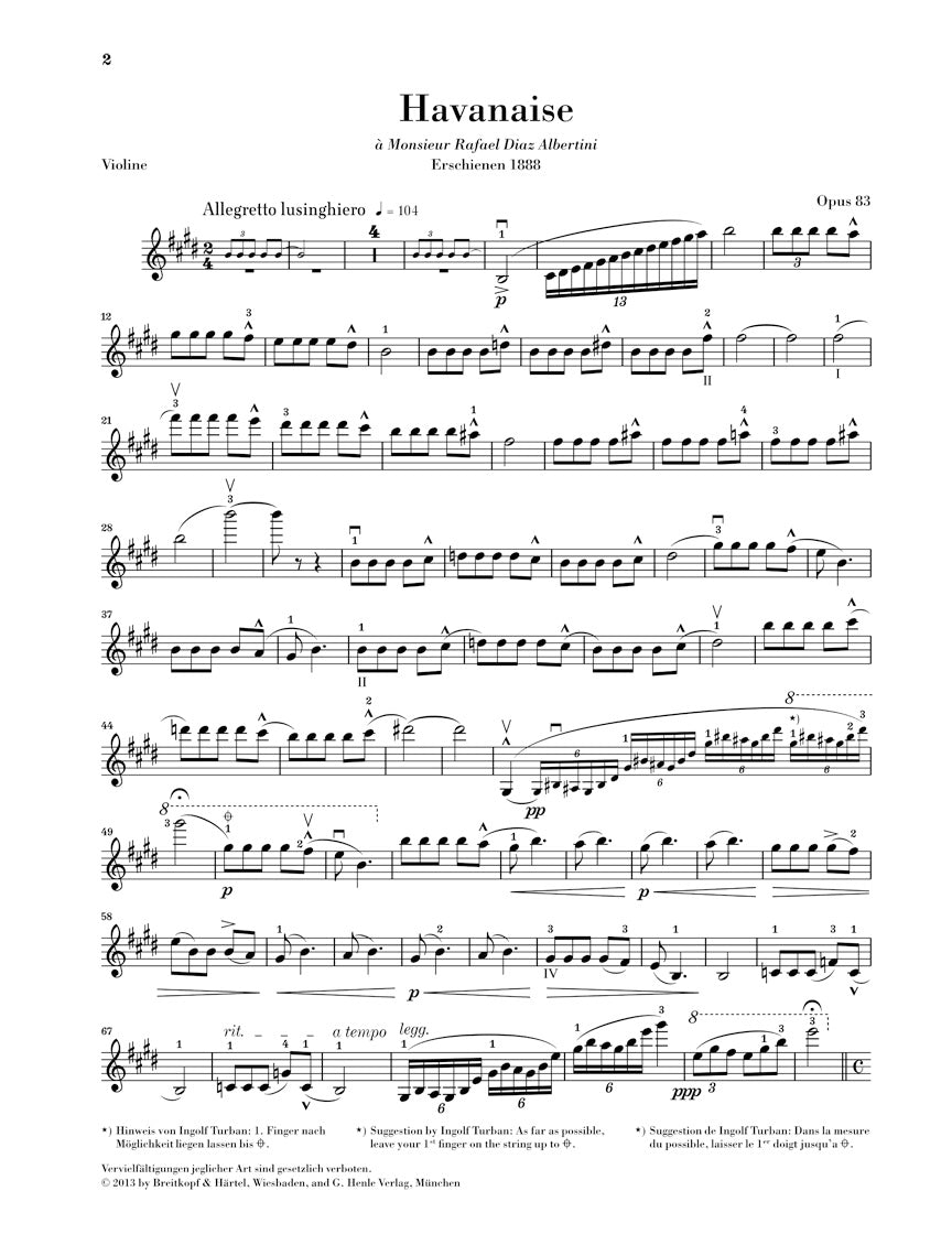 Saint-Saens Havanaise Op. 83 Violin And Piano With Marked And Unmarked String Parts