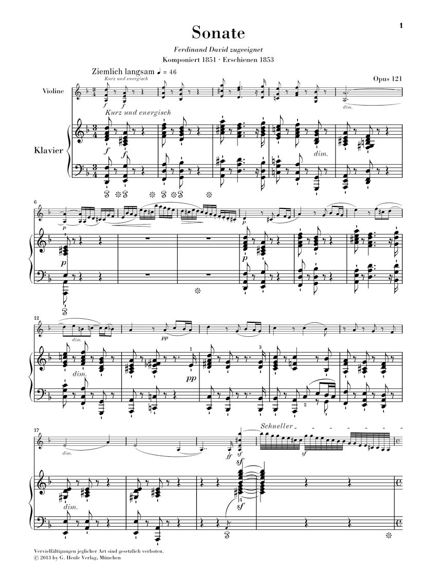 Schumann Violin Sonata No 2 in D minor Opus 121