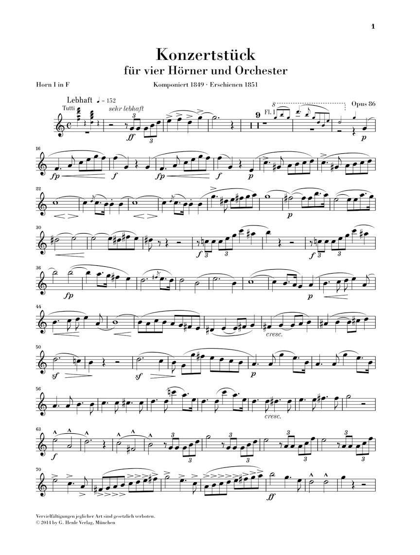 Schumann Concert Piece For Four (4) Horns And Orchestra Op. 86 (piano Reduction)
