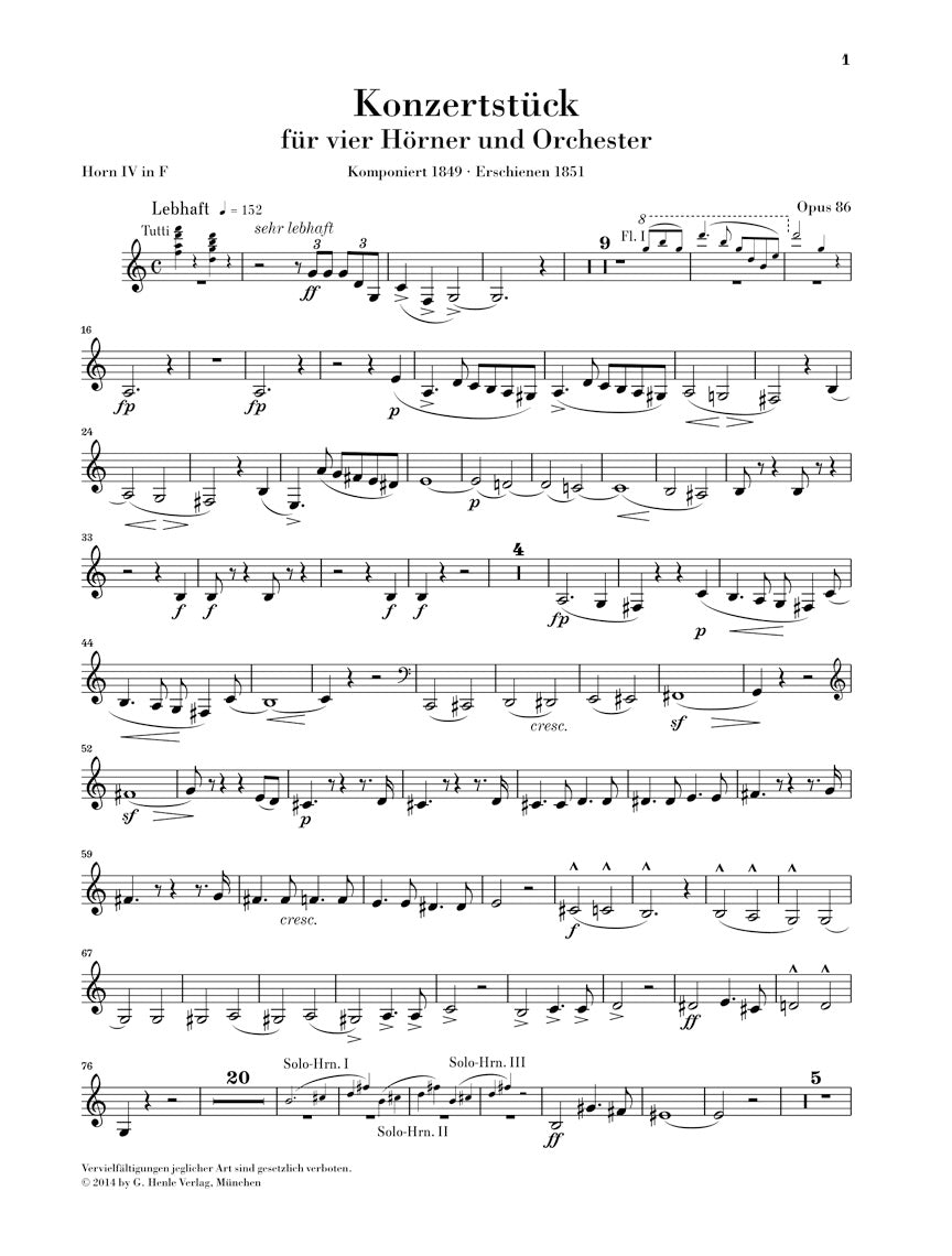 Schumann Concert Piece For Four (4) Horns And Orchestra Op. 86 (piano Reduction)