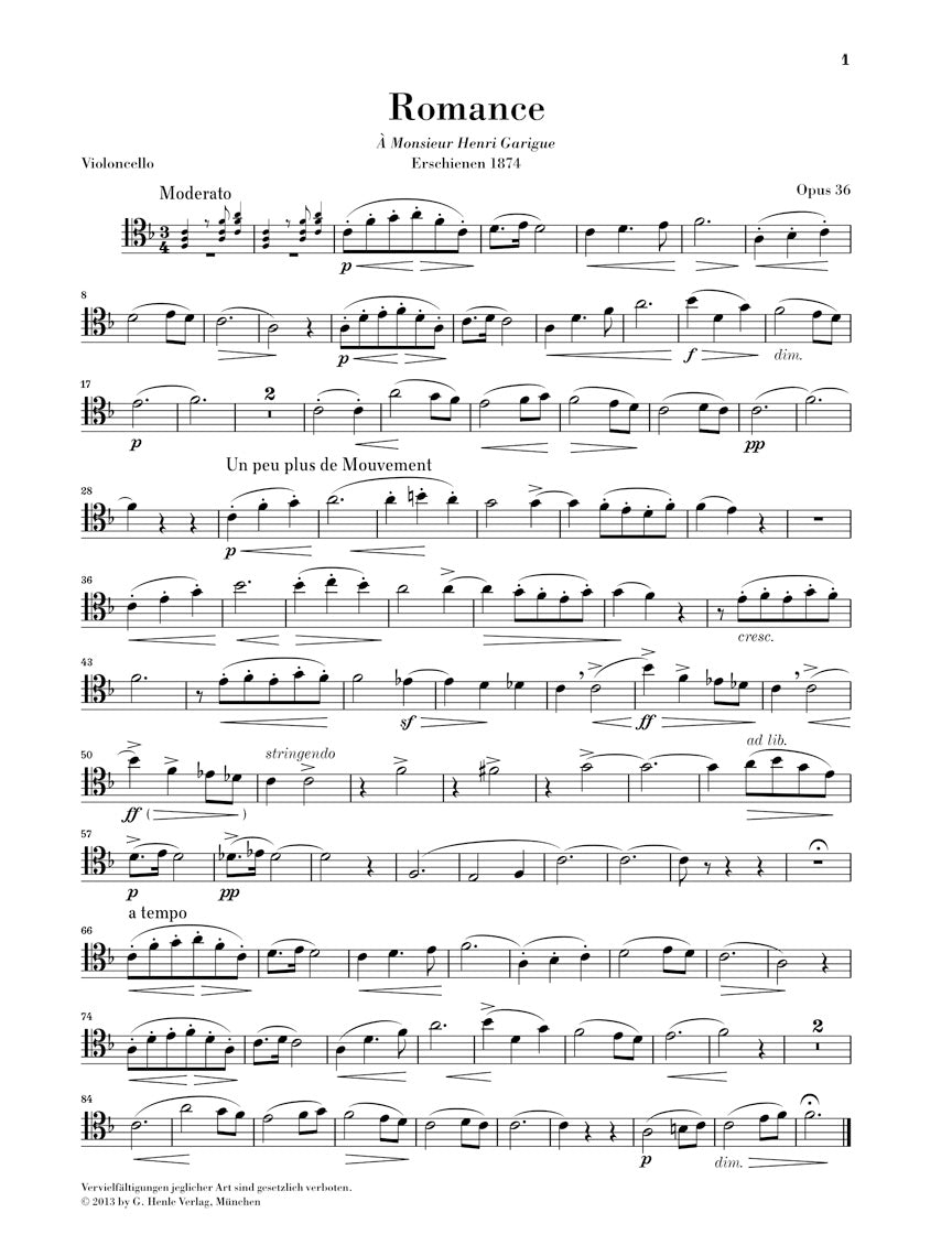 Saint-Saens Romances for Horn and Piano; Version for Violoncello and Piano