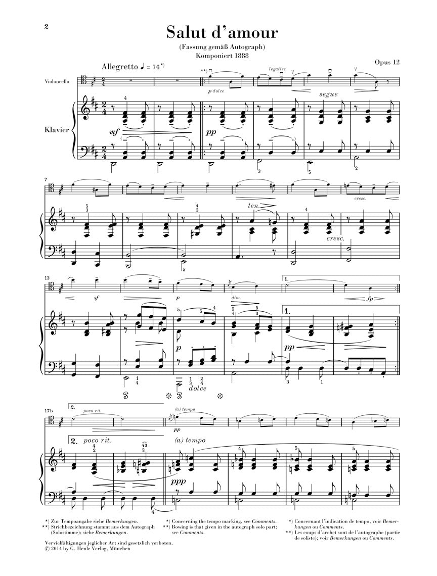 Elgar: Salut d'amour Op. 12 for Cello and Piano