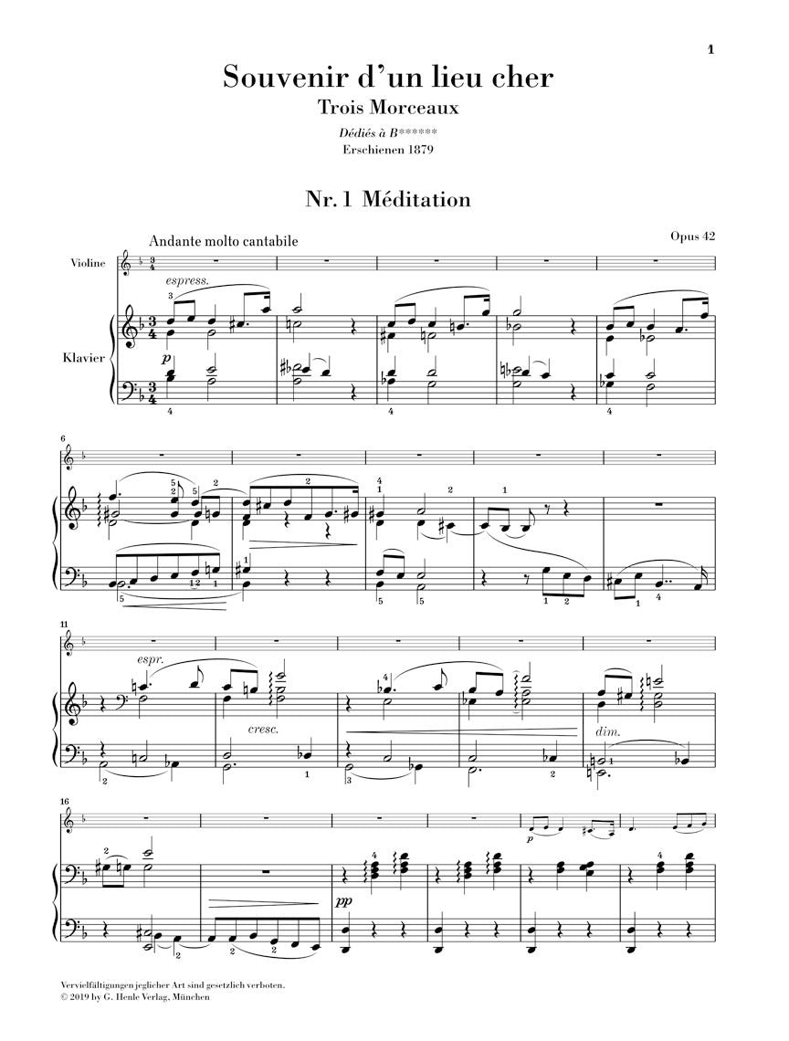 Tchaikovsky Souvenir D'un Lieu Cher Op 42. Violin and Piano