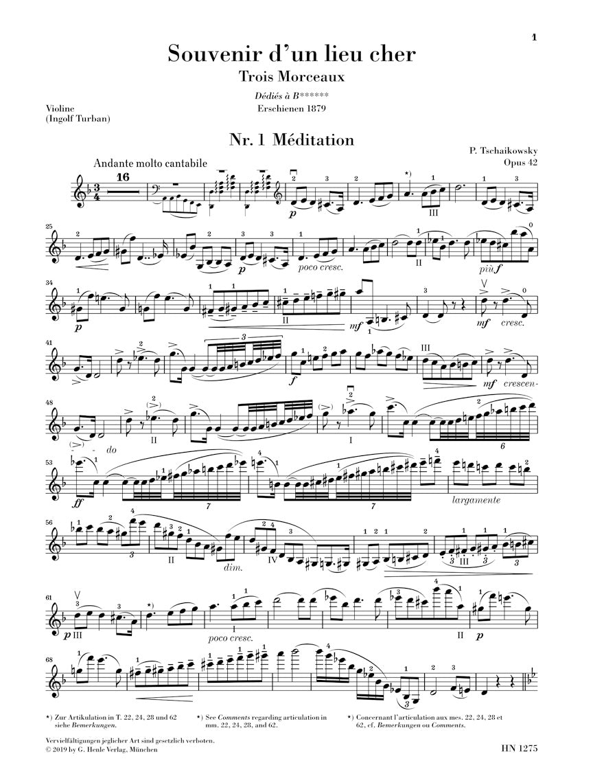 Tchaikovsky Souvenir D'un Lieu Cher Op 42. Violin and Piano