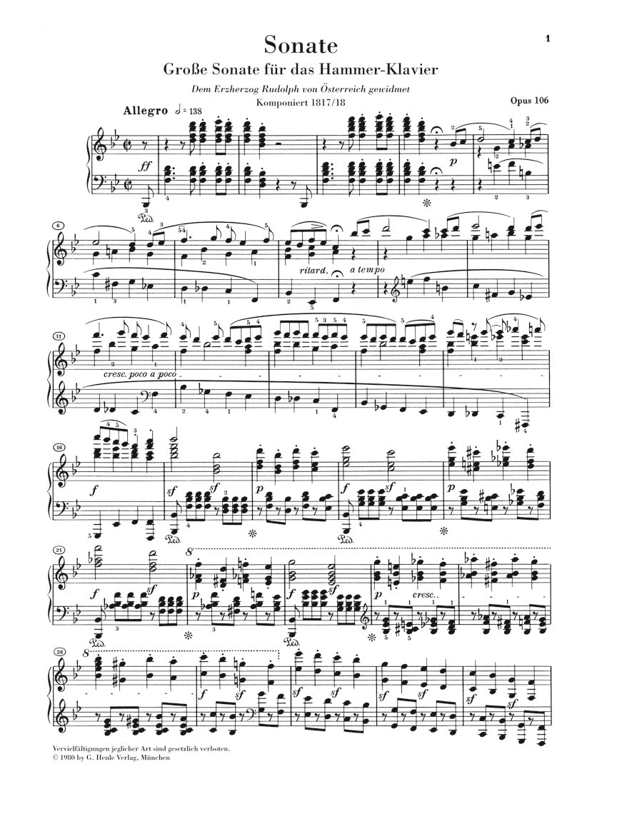 Beethoven Piano Sonata No 29 in B flat major Opus 106 (Hammerklavier)