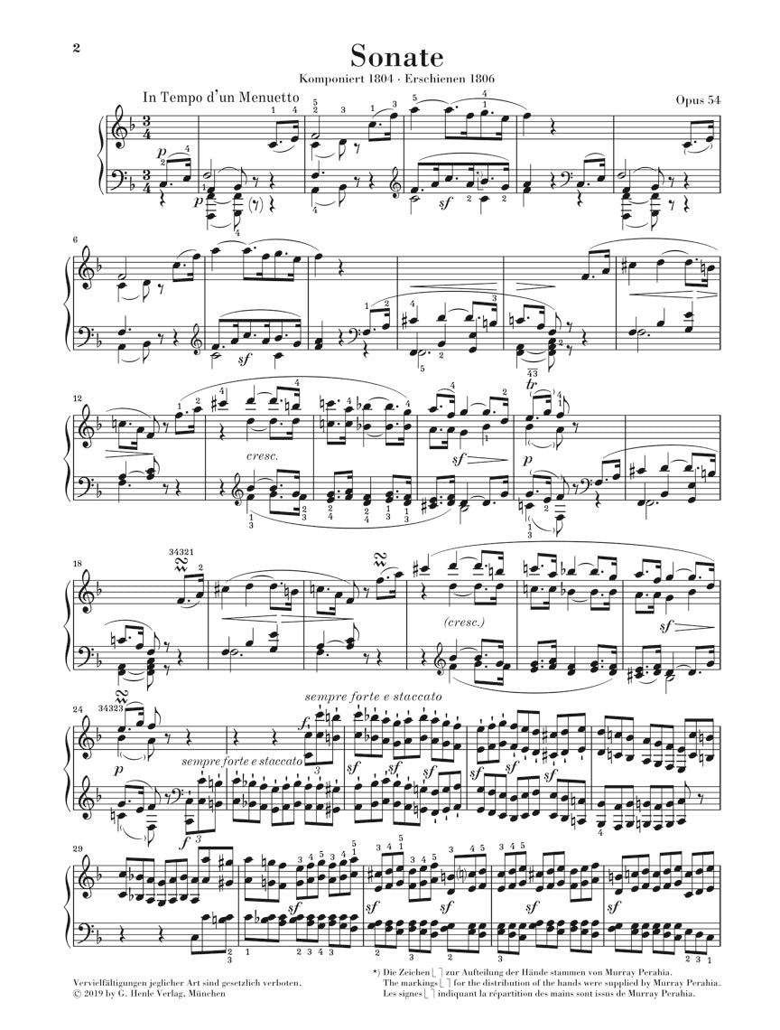 Beethoven Piano Sonata No. 22 F Major Op. 54 Revised Edition Ed. Perahiah