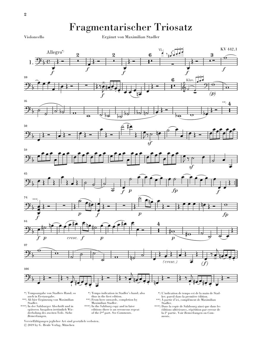 Mozart 3 Movements for Piano Trio (Fragments) K 442