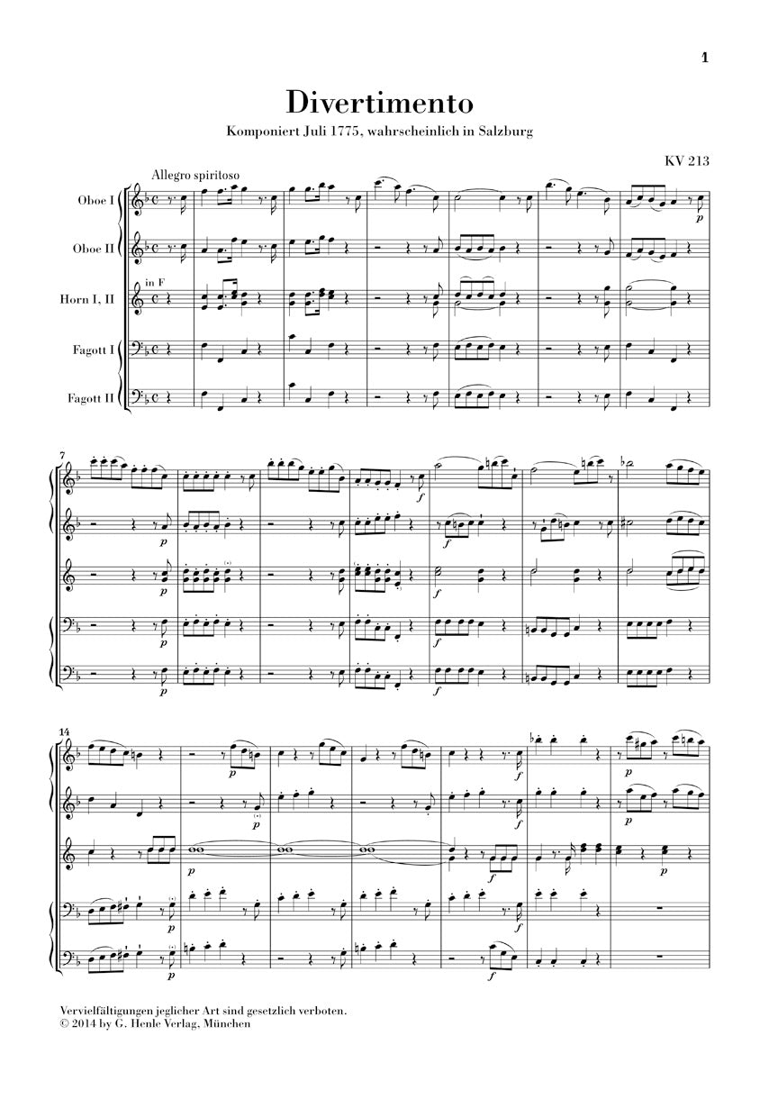 Mozart Divertimenti for 2 Oboes, 2 Horns and 2 Bassoons