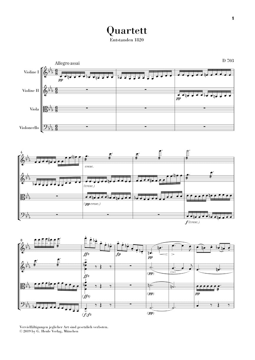 Schubert String Quartet Movement in C Minor D703 Study Score