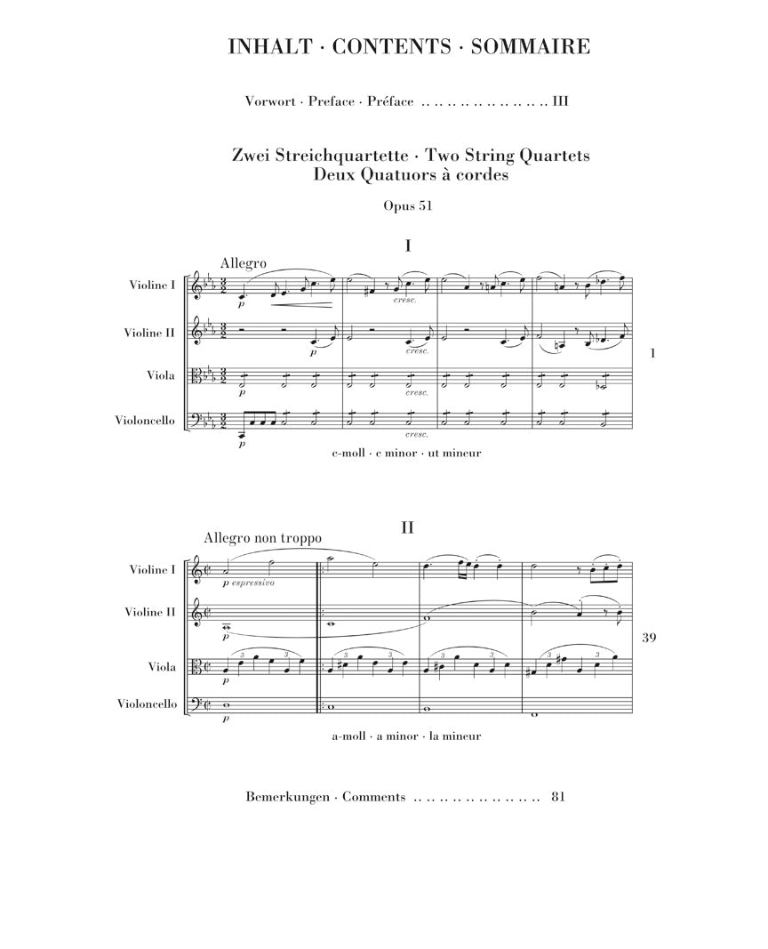 Brahms String Quartets Opus 51 Study Score