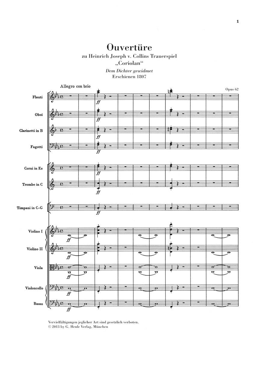 Beethoven Coriolan Overture Op. 62 Study Score