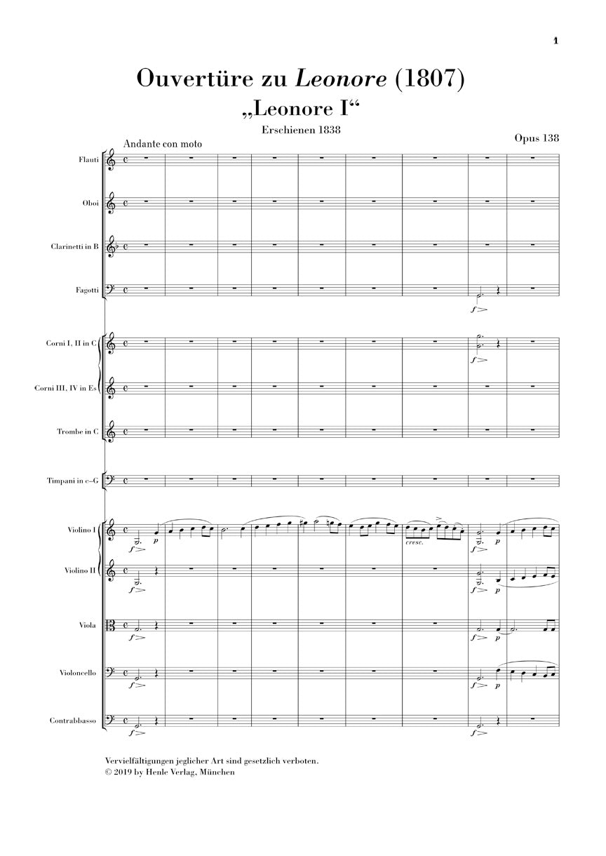 Beethoven Overture No. 1 for the Opera 'Leonore' (1807) Orchestra Study Score