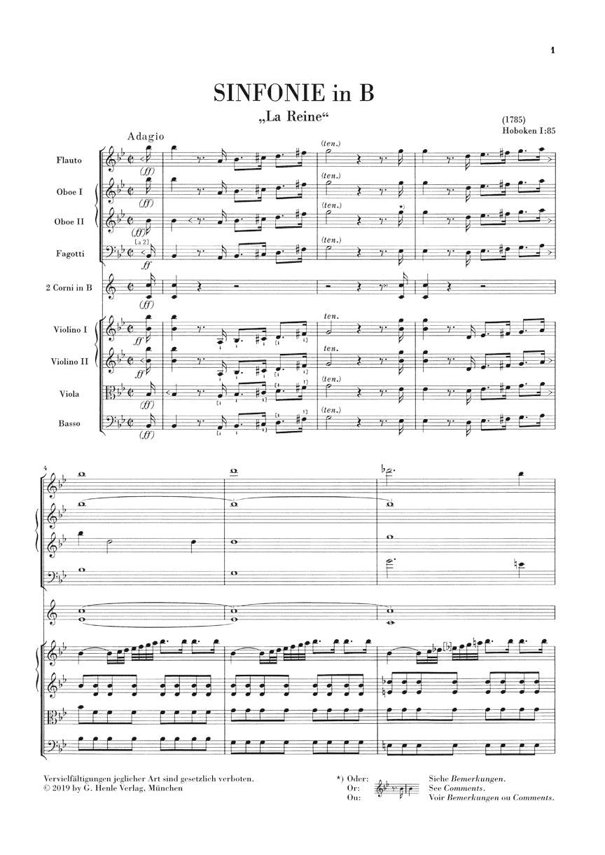 Haydn Symphony B-Flat Major Hob. I:85 (La Reine) Orchestra Study Score
