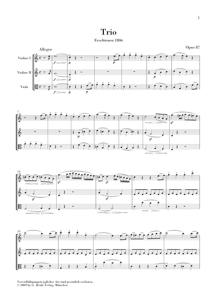 Beethoven Trio In C Major Op. 87 Version For 2 Violins And Viola Study Score