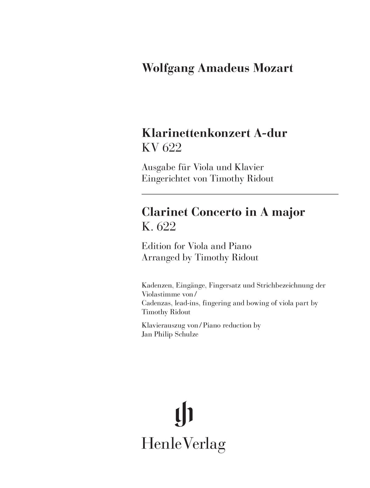 Mozart: Clarinet Concerto A Major K. 622 Viola and Piano, title page (Henle Horizons, HN 8220)