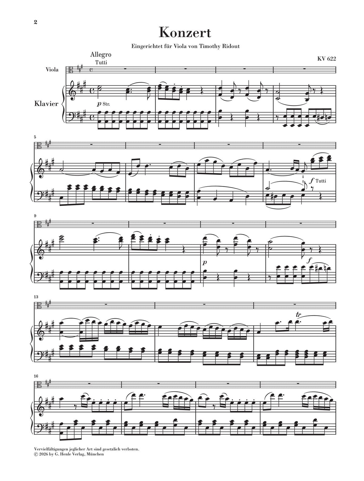 Mozart: Clarinet Concerto A Major K. 622 Viola and Piano, sample page 1 (Henle Horizons, HN 8220)