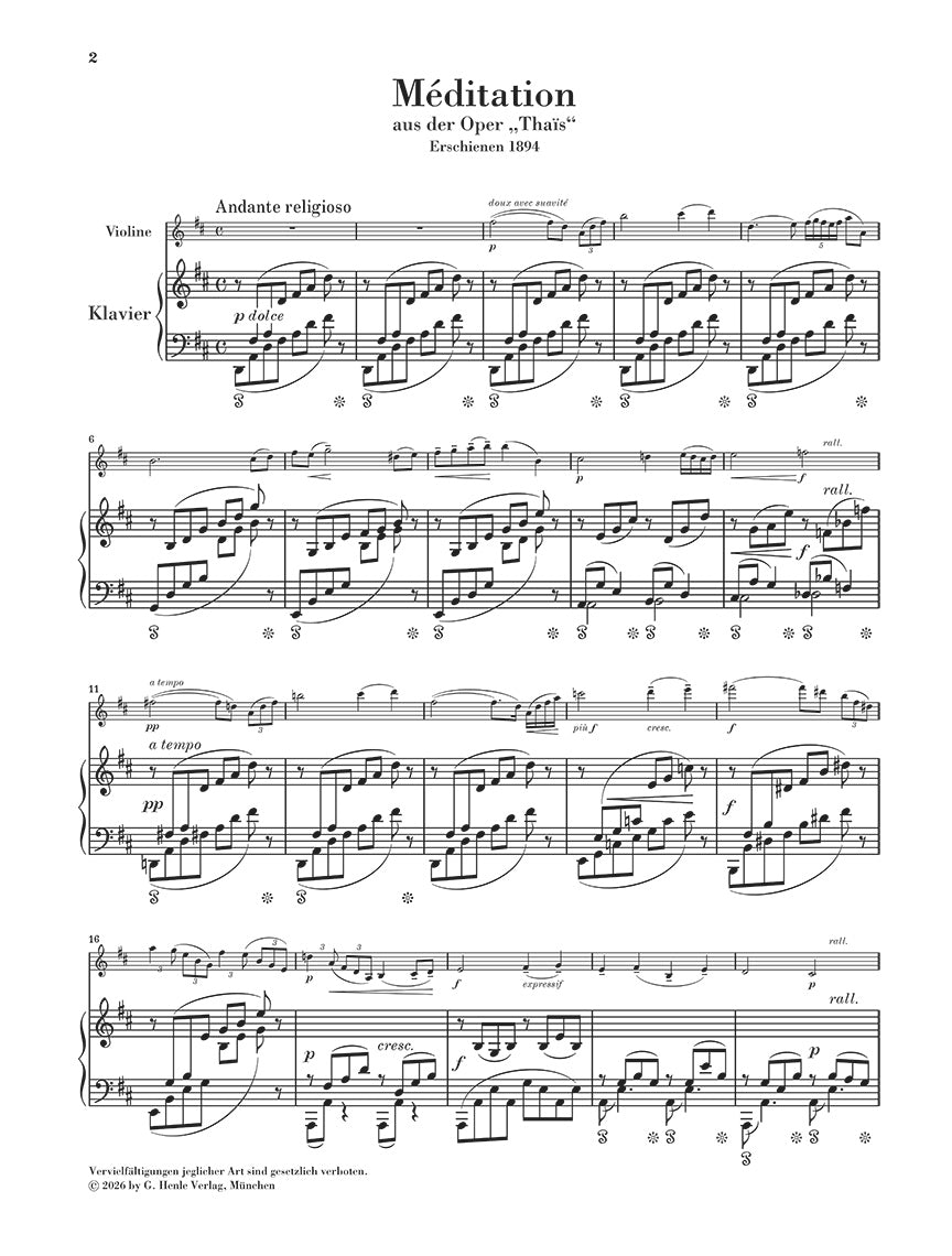 Massenet: Méditation (from "Thaïs") Violin and Piano, sample page 1 (Henle Horizons, HN 8200)
