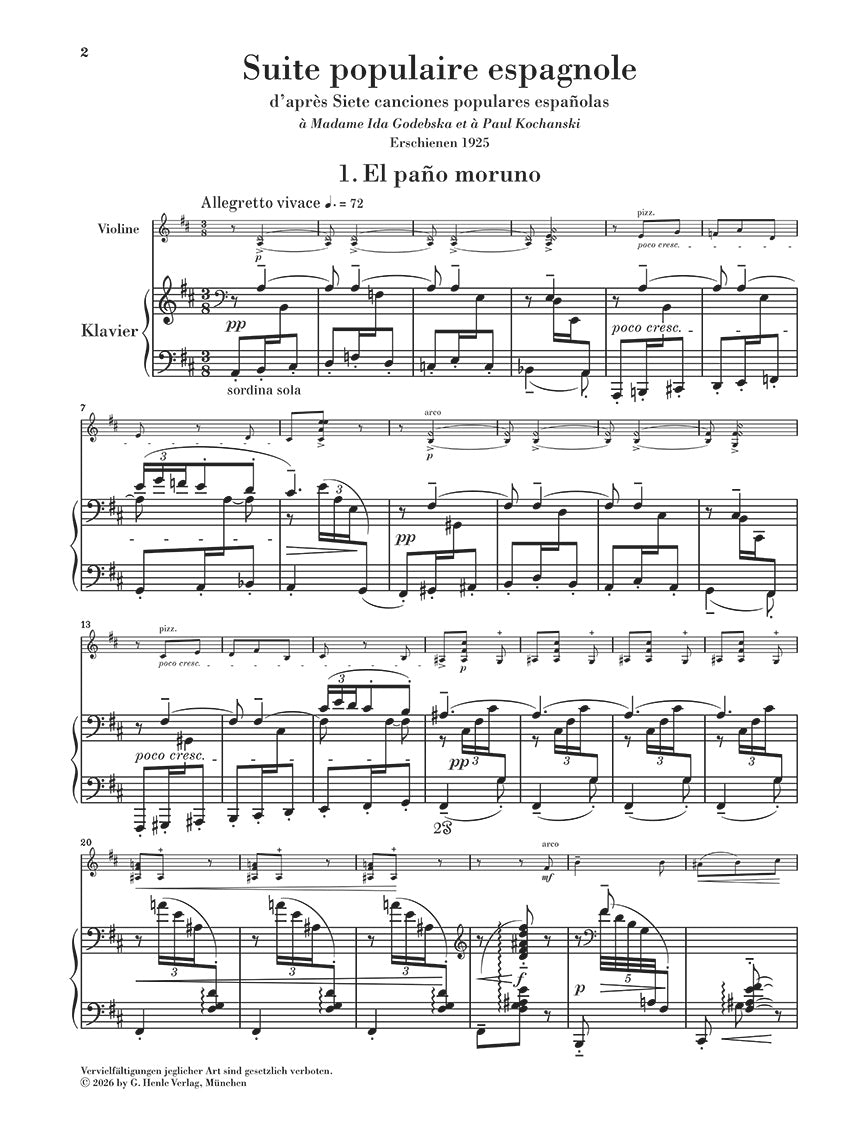 Falla: Suite populaire espagnole Violin and Piano, sample page 1 (Henle Horizons, HN 8205)
