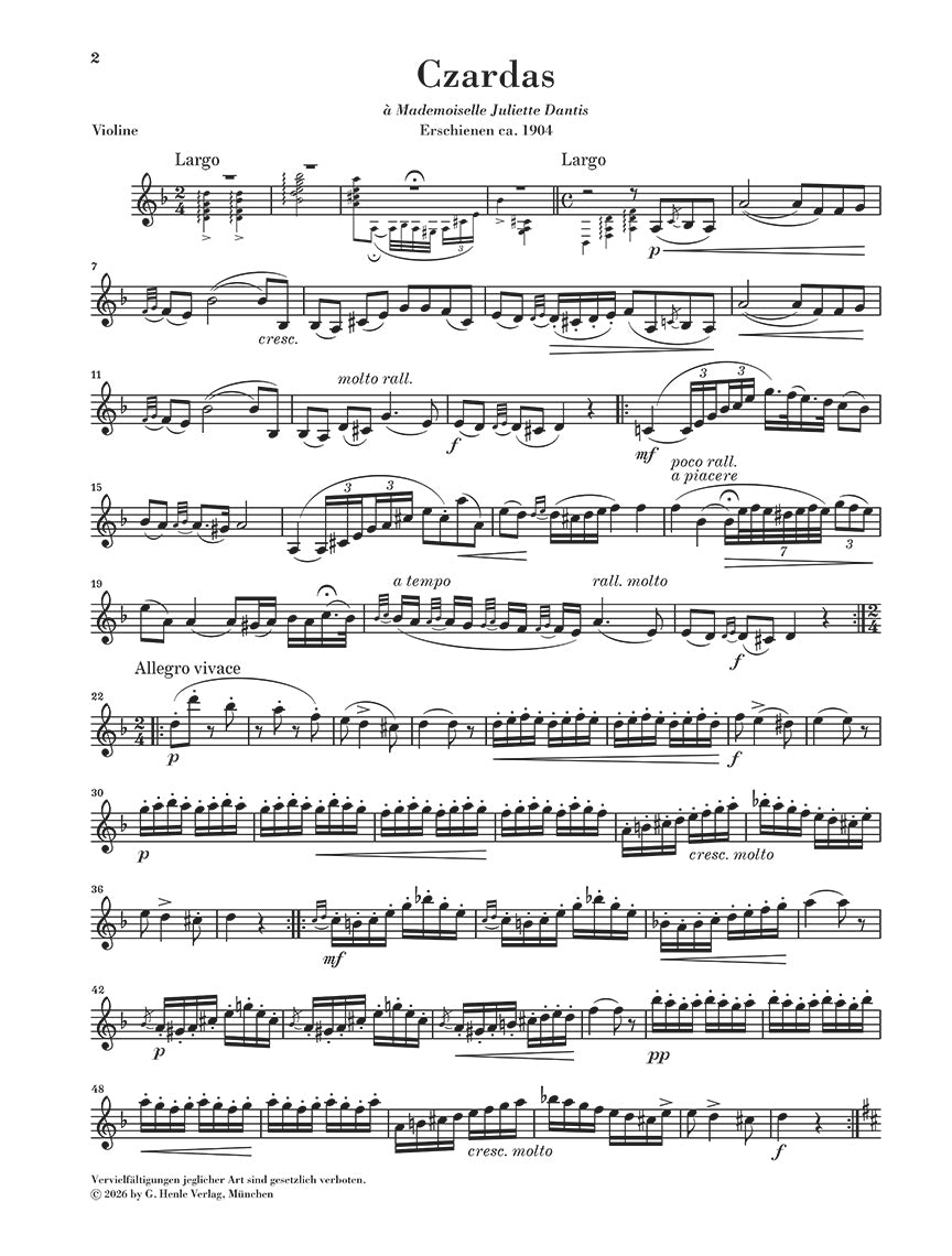Monti: Czardas Violin and Piano, sample page 2 (Henle Horizons, HN 8209)