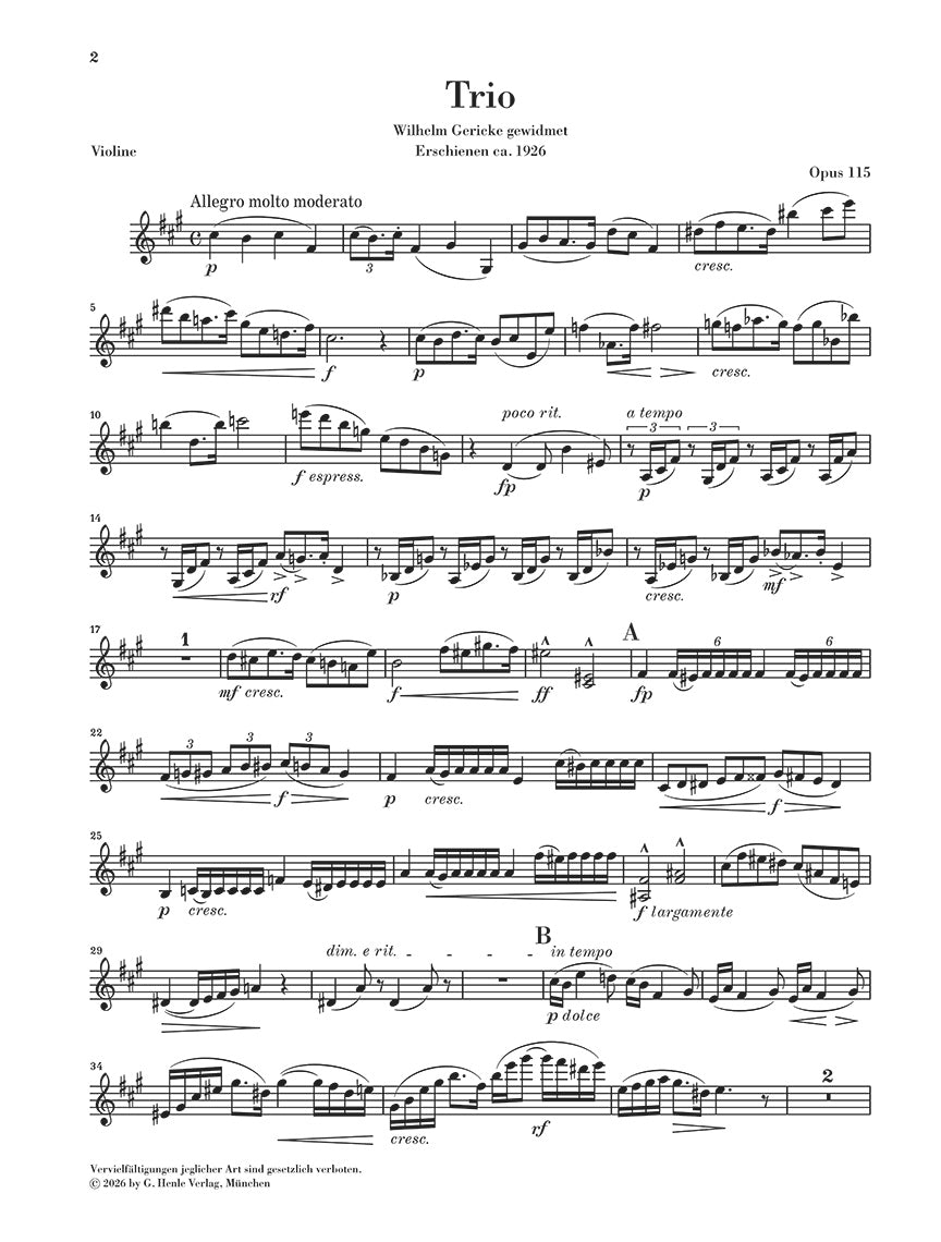 Fuchs: Trio F-sharp Minor Op. 115 Violin, Viola and Piano, sample page 2 (Henle Horizons, HN 8212)