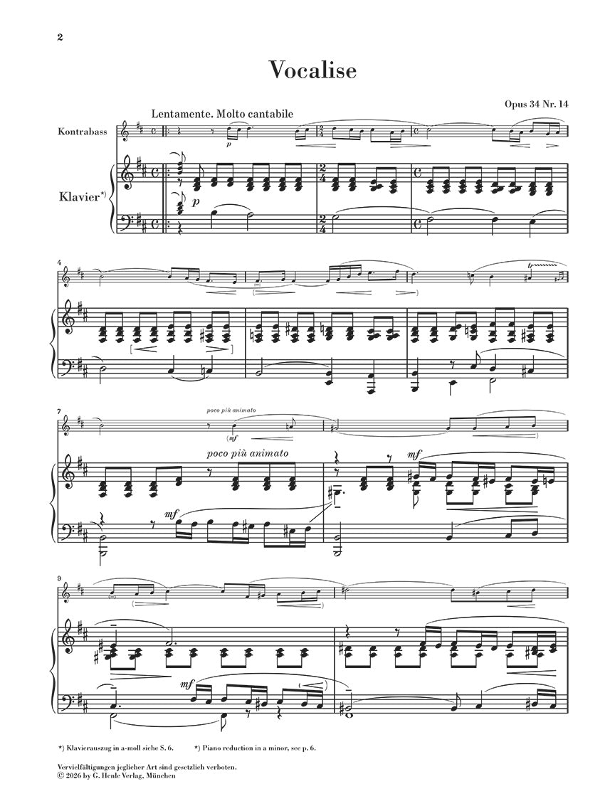 Rachmaninoff: Vocalise Op. 34 No. 14 Double Bass and Piano, sample page 1 (Henle Horizons, HN 8218)