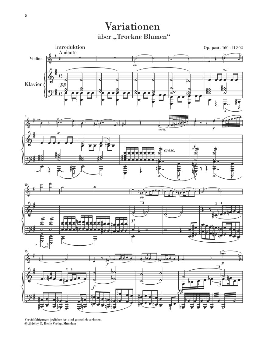 Schubert: Variations on "Trockne Blumen" E Minor D 802 Violin and Piano, sample page 1 (Henle Horizons, HN 8222)