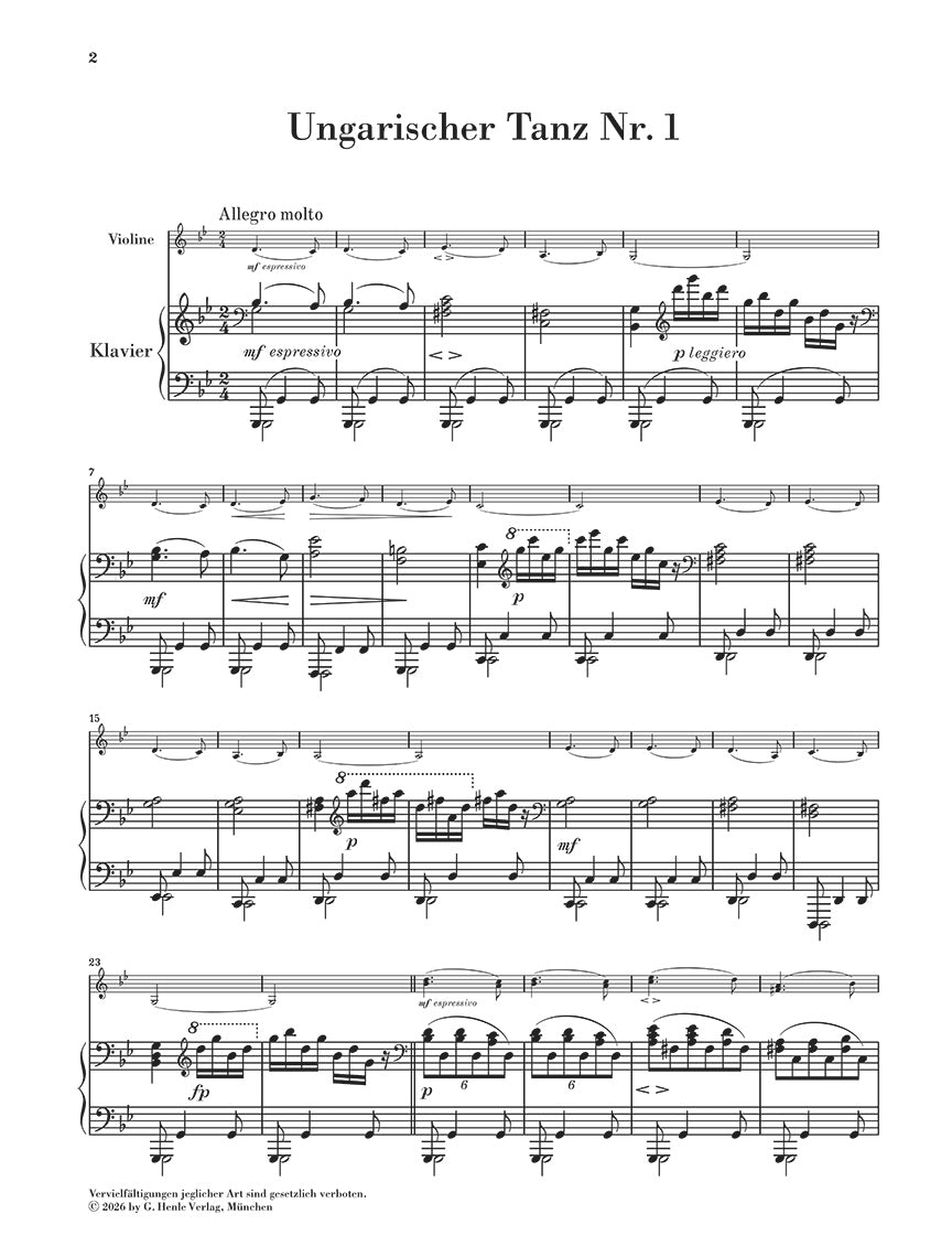 Brahms: Hungarian Dance No. 1 WoO 1 Violin and Piano, sample page 1 (Henle Horizons, HN 8227)