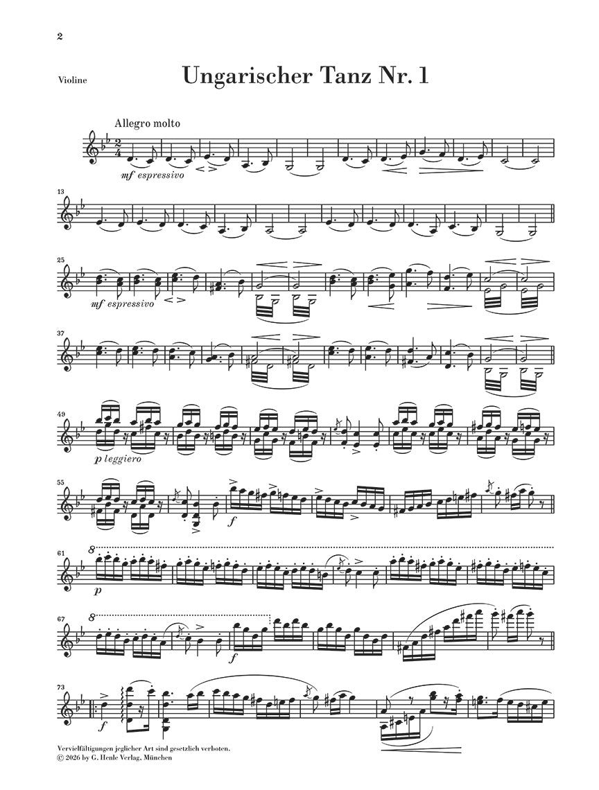 Brahms: Hungarian Dance No. 1 WoO 1 Violin and Piano, sample page 2 (Henle Horizons, HN 8227)