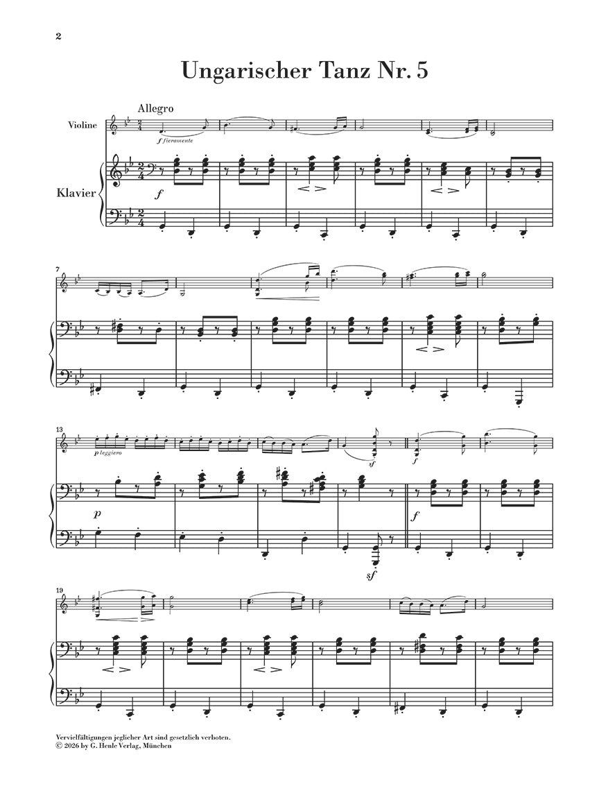 Brahms: Hungarian Dance No. 5 WoO 1 Violin and Piano, sample page 1 (Henle Horizons, HN 8229)