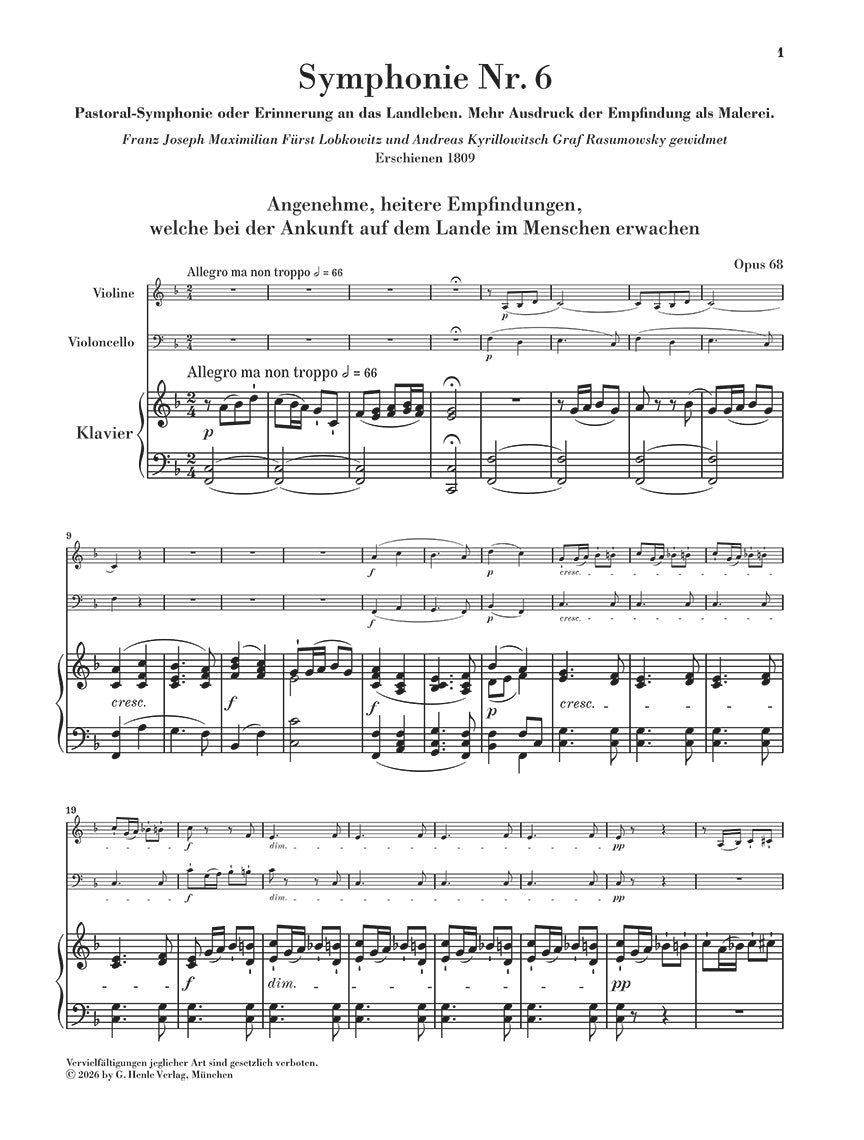 Beethoven: Symphony No. 6 F Major Op. 68 "Pastoral" Piano Trio, sample page 1 (Henle Horizons, HN 8236)