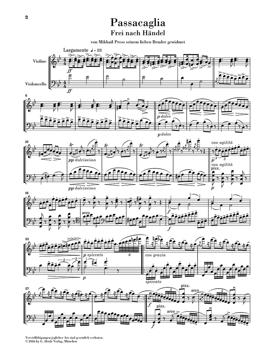 Halvorsen: Passacaglia after Handel Violin and Cello, sample page 1 (Henle Horizons, HN 8240)