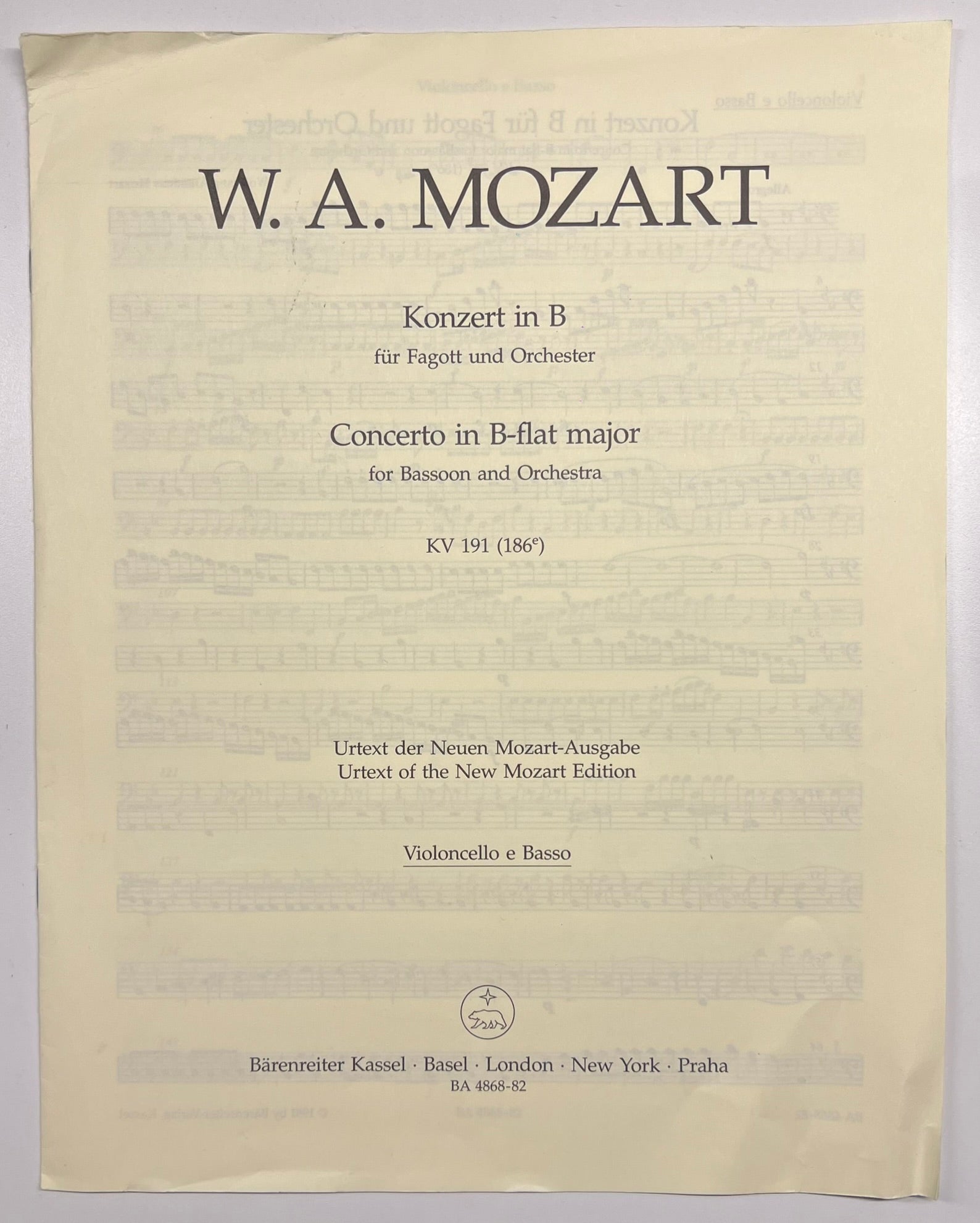 Clearance: Mozart Bassoon Concerto in B-flat major K. 191(186e) - Cello/Bass Part