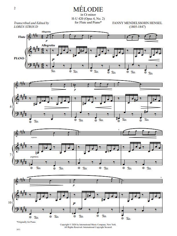 Mendelssohn Hensel: Melodie in C sharp minor, Opus 4, No. 2 (H-U 420)
