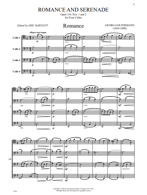 Goltermann: Romance & Serenade, Opus 119, No. 1 & 2 for Cello Quartet (Bartlett)