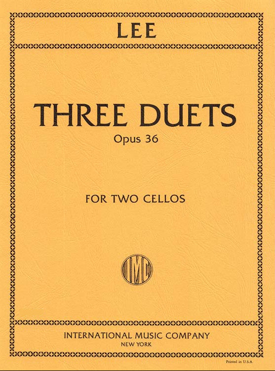 Sheet music cover for Lee 'Three Duets' Opus 36, for two cellos, published by International Music Company. The cover is a warm golden yellow with black text and decorative border lines.