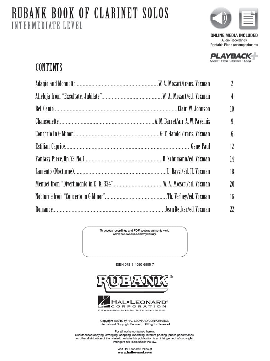 Rubank Book of Clarinet Solos - Intermediate Level (incl. online audio access)