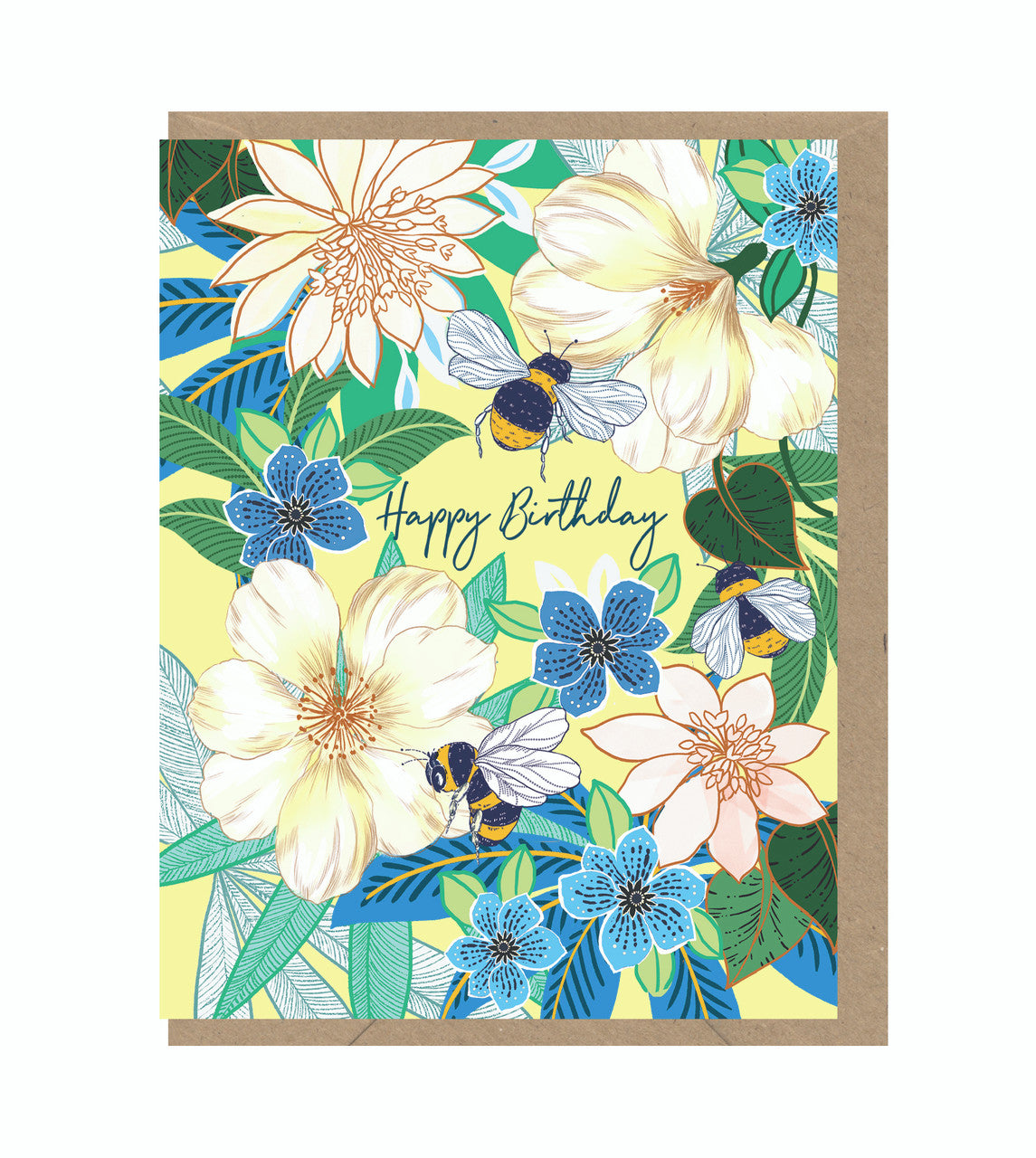 Card: Happy Birthday - Birthday Bees & Flowers - (Blank Inside)