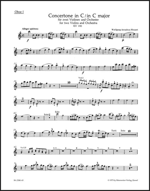 Mozart: Concertone for 2 Violins in C Major, K. 190 (186e) - Wind Set of Parts