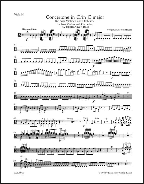 Mozart: Concertone for 2 Violins in C Major, K. 190 (186e): Viola I/II Part