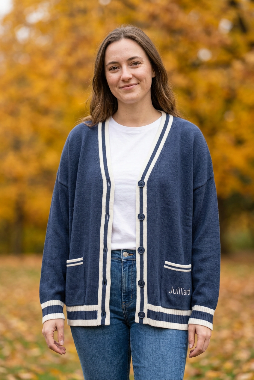 Fresh lifestyle photograph of the open Juilliard cardigan in an autumn park