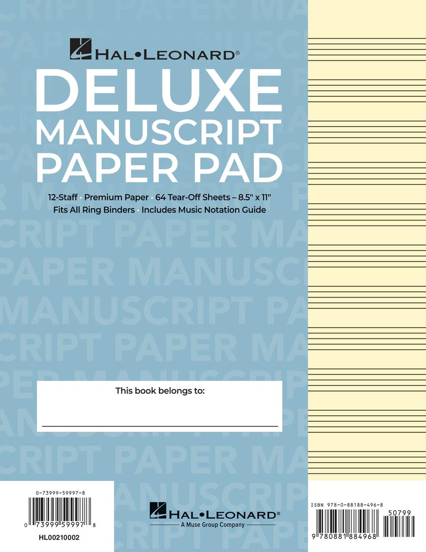 Manuscript Paper Notepad: Hal Leonard, Deluxe Pad (Blue Cover) 64pgs, 12 stave, (8.5"x11")