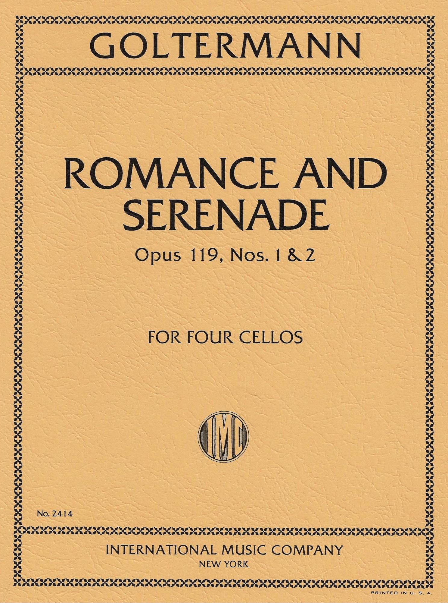 Sheet music cover for 'Romance and Serenade, Opus 119, Nos. 1 & 2' by Goltermann, published by International Music Company.