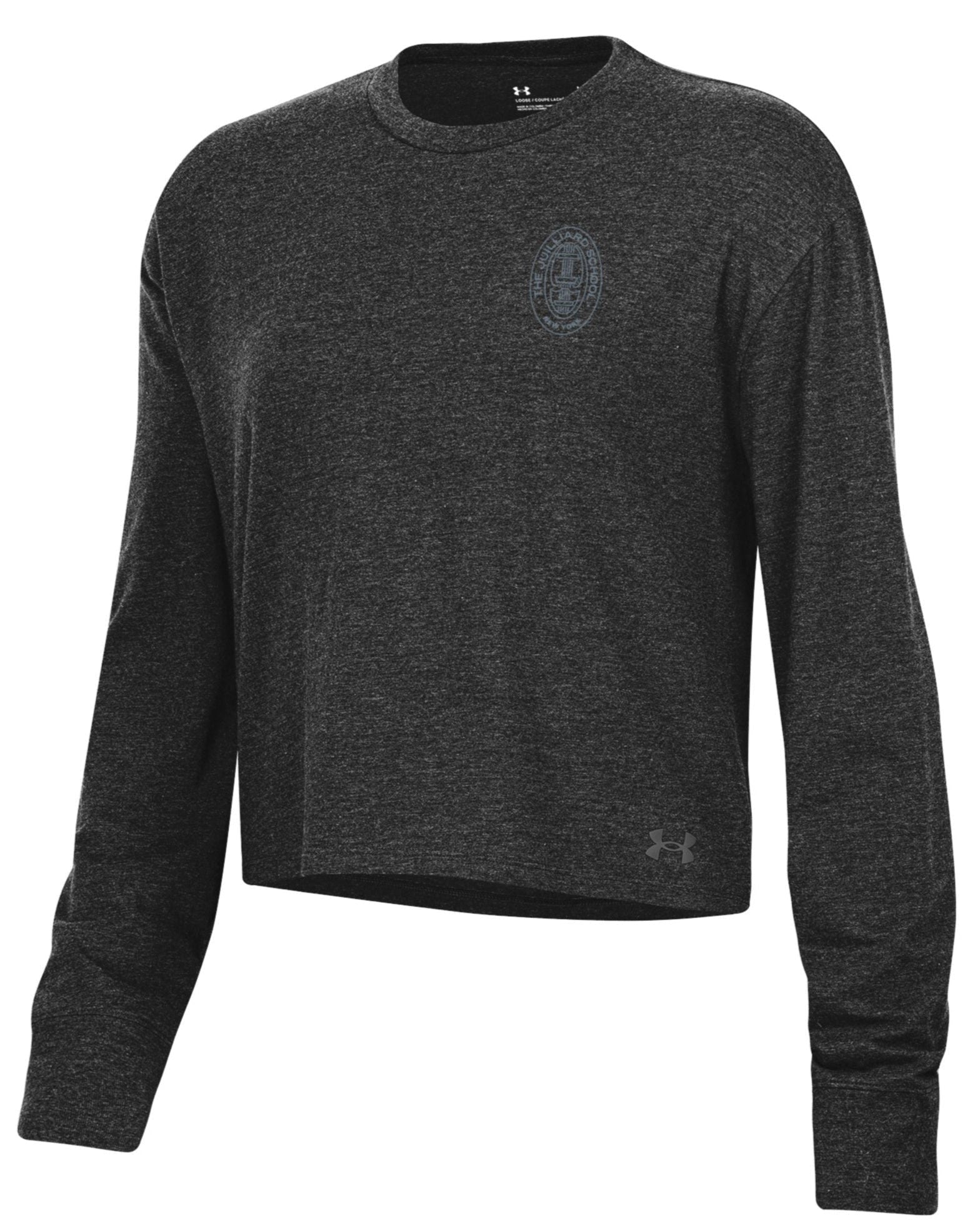 Clearance: T-Shirt: Juilliard Long-Sleeve Stretchy Crop by Under Armour with seal on left chest