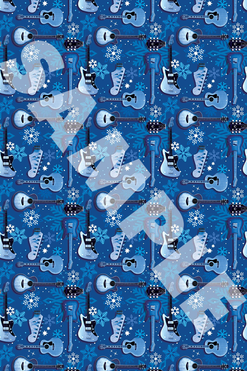 Clearance Wrapping Paper: Blue Guitars & Snowflakes Theme Hal Leonard