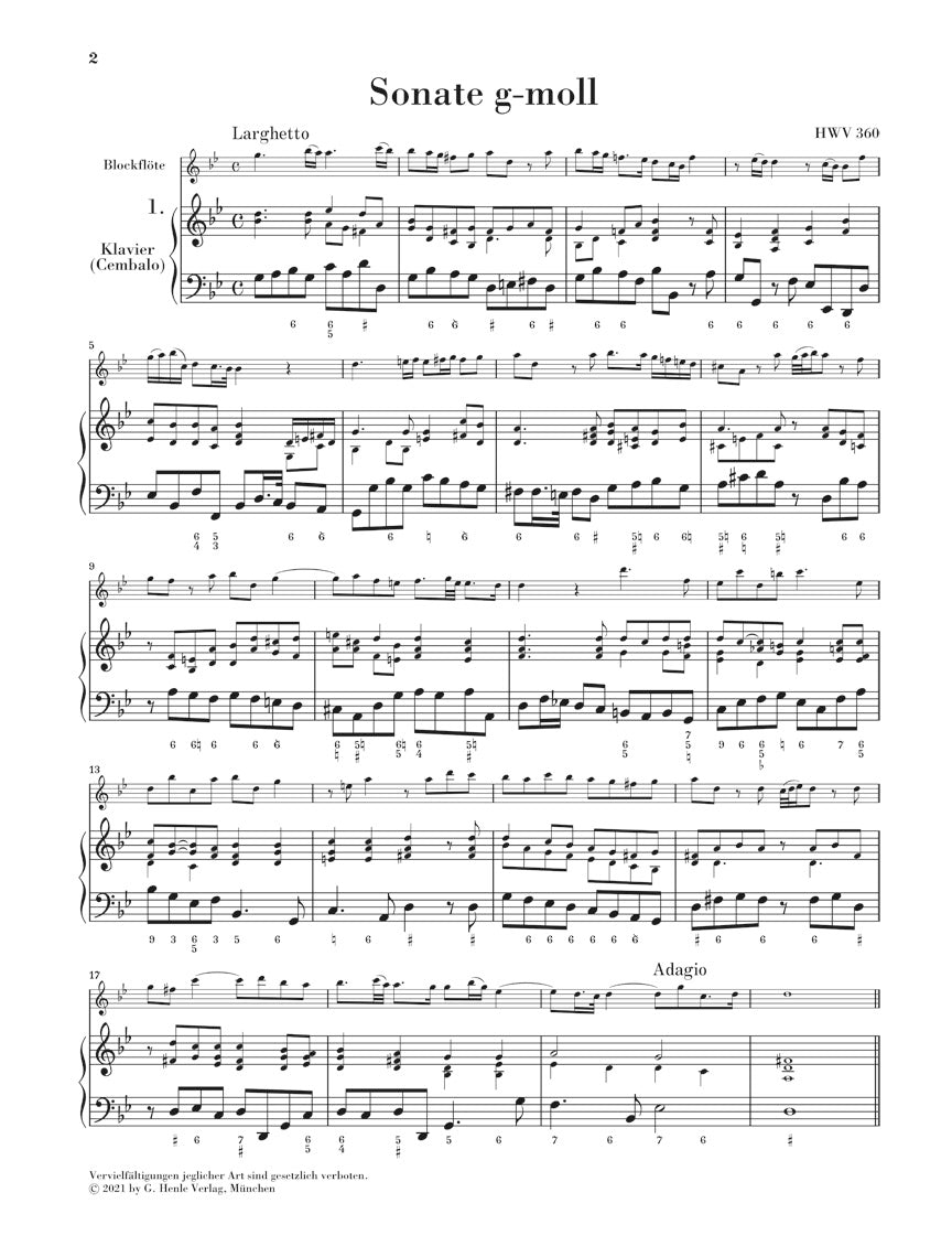 Handel Six Recorder Sonatas Alto Recorder - Solo Part and figured bass generalization