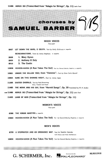 Barber: Agnus Dei from Adagio for Strings, Op. 11 for SATB Choir