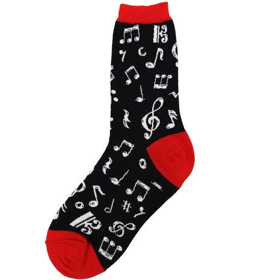 Socks: Dancing Notes Women's (Black with white notes + red accent)