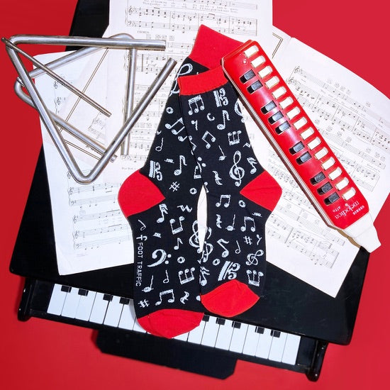 Socks: Dancing Notes Women's (Black with white notes + red accent)