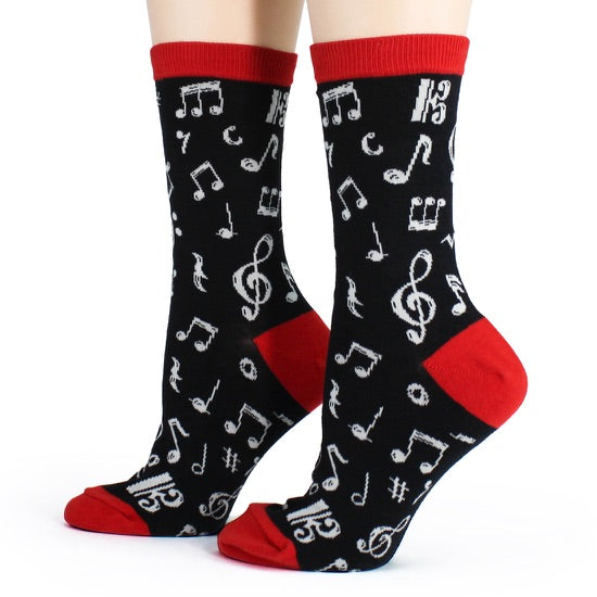Socks: Dancing Notes Women's (Black with white notes + red accent)