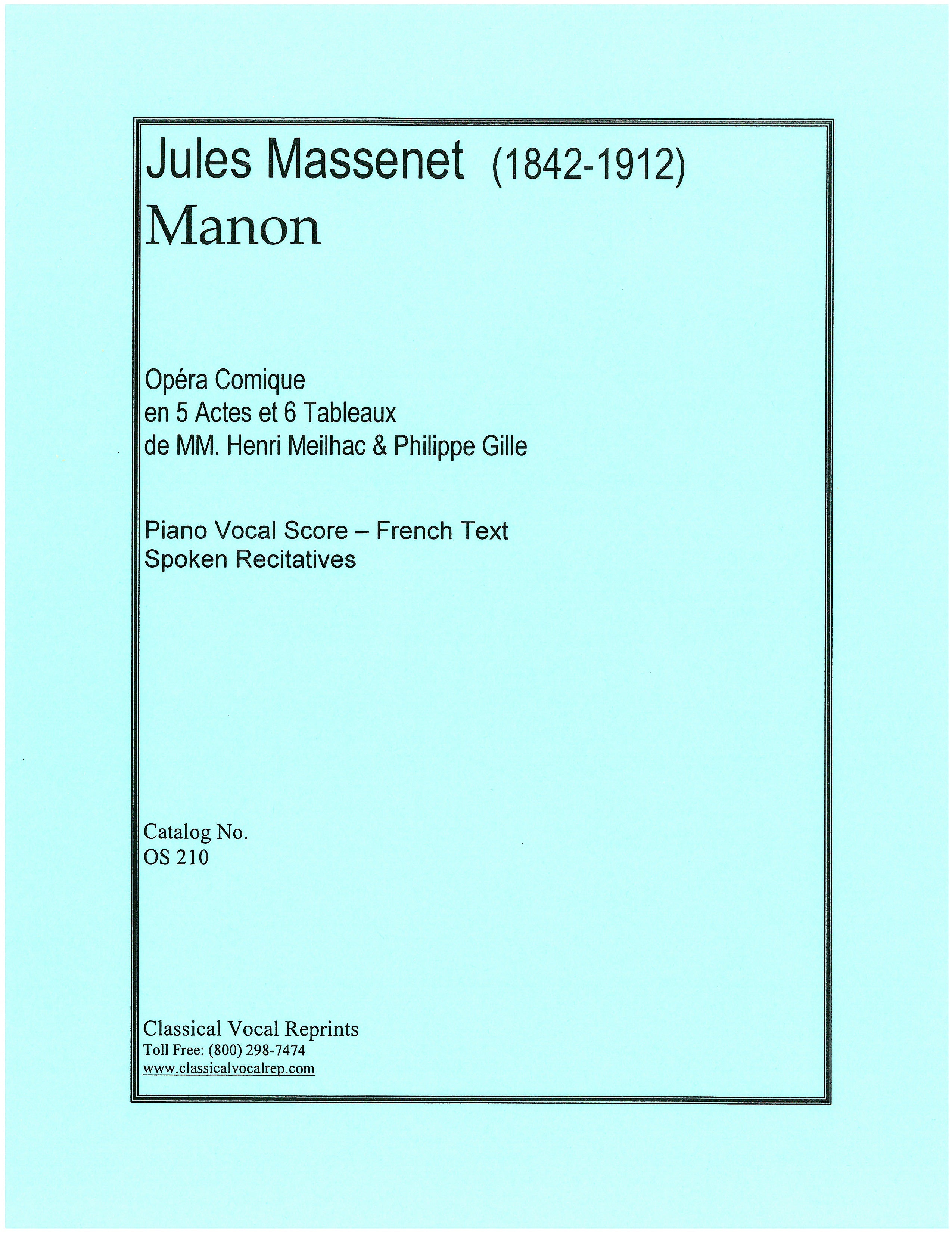 Massenet Manon Vocal Score